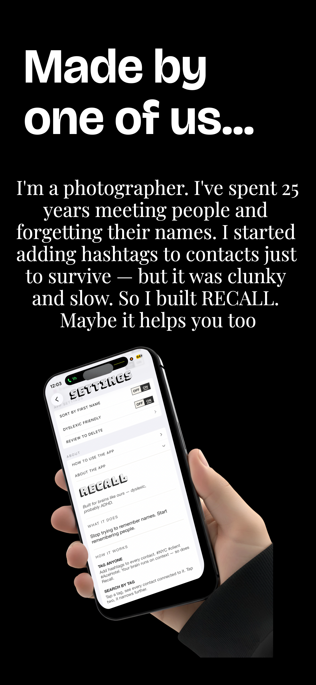 Recall Contacts — made by one of us, built by a photographer who spent 25 years meeting people and forgetting their names