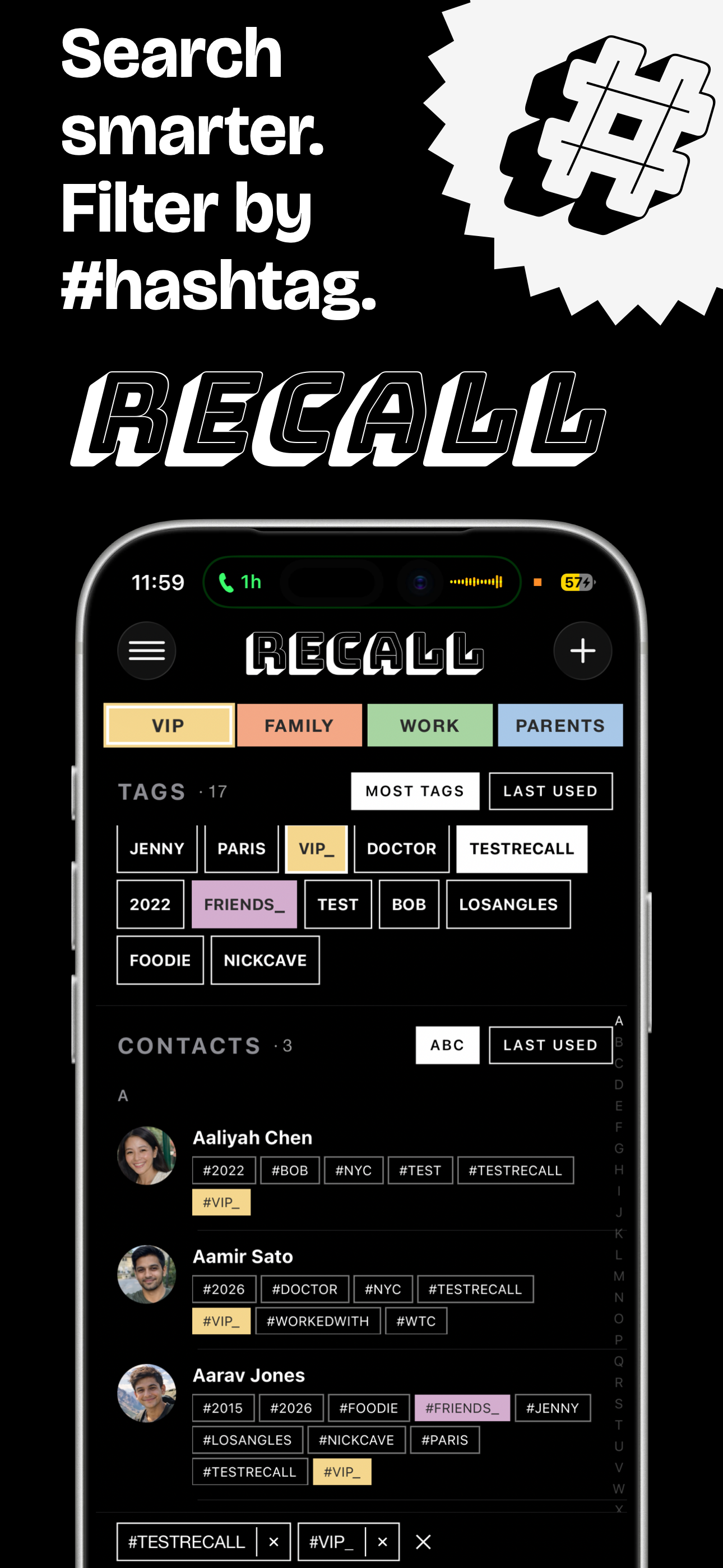 Recall Contacts — search smarter, filter by hashtag instead of scrolling A to Z