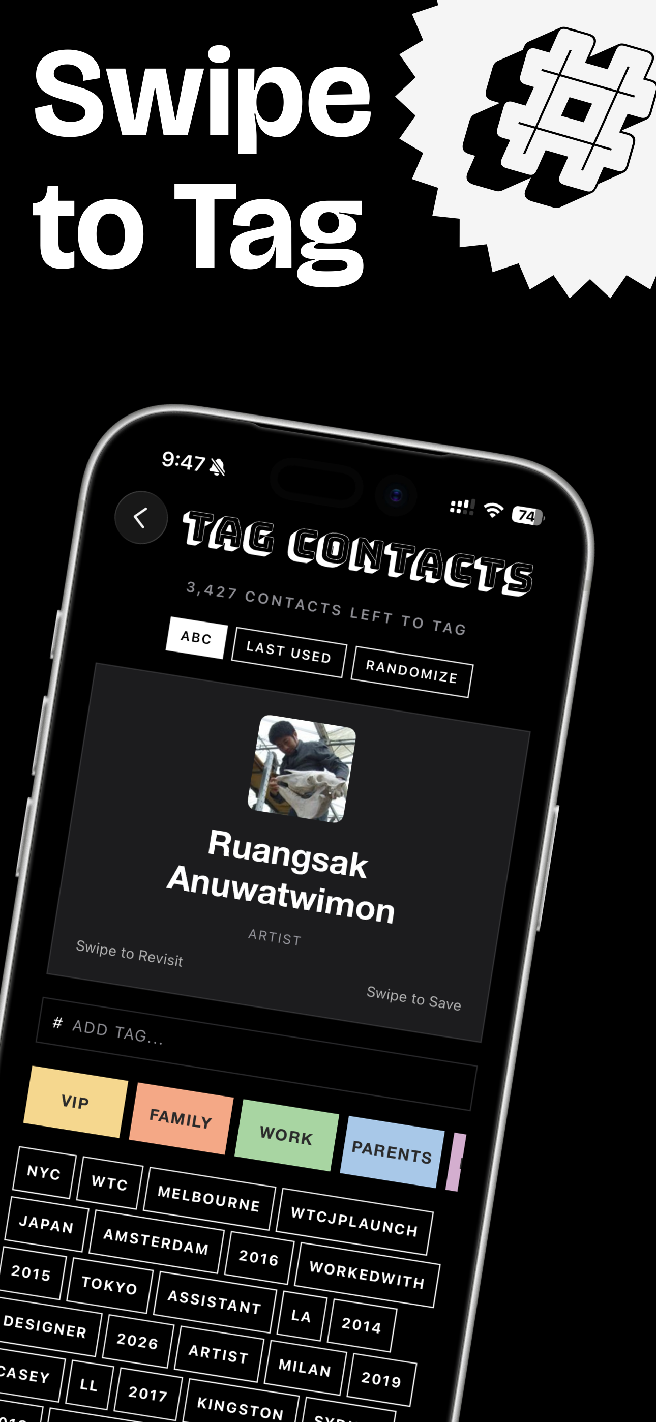 Recall Contacts — swipe to tag, Tinder-style contact tagging with thousands of contacts to organise